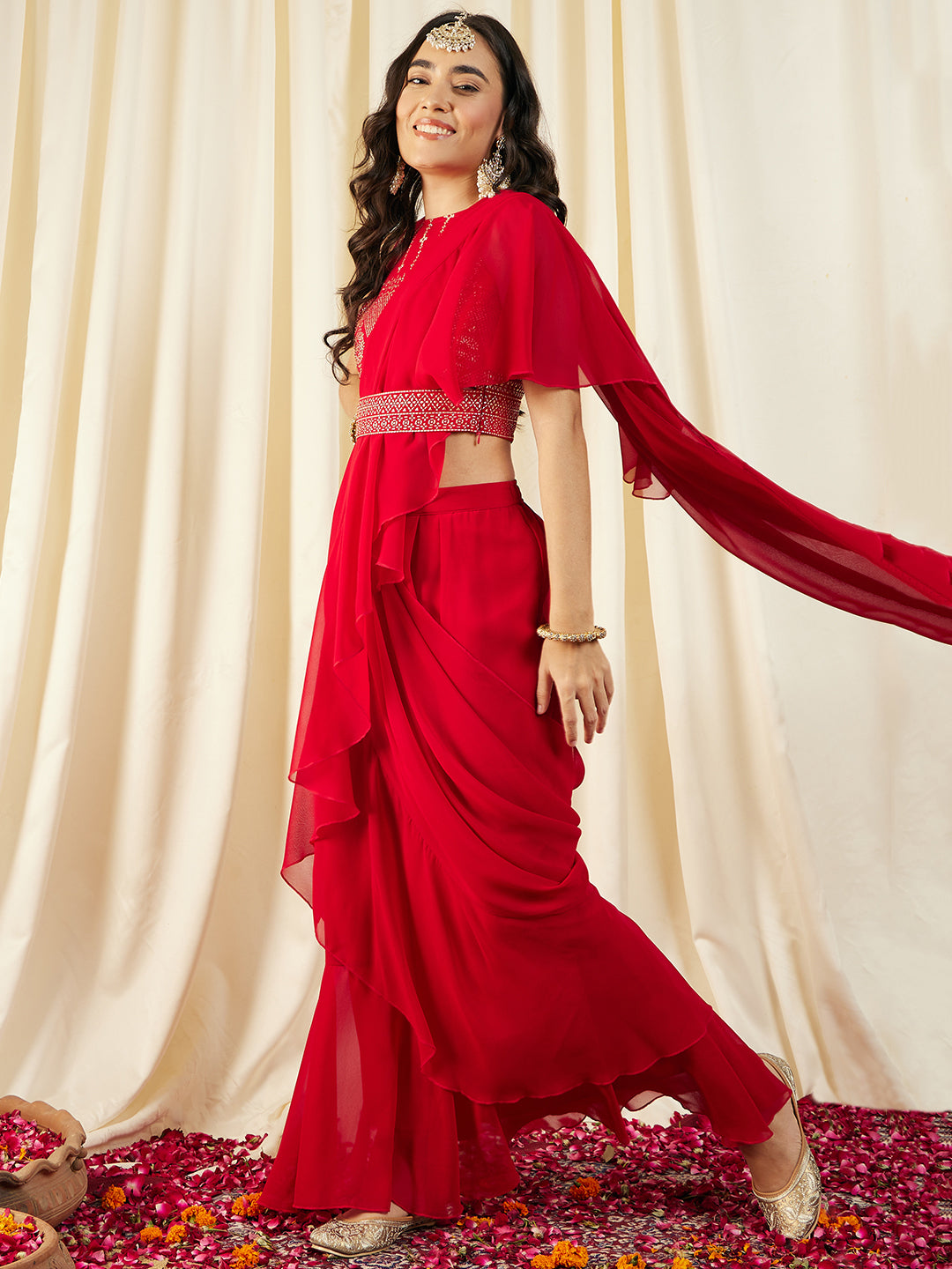 Pre-Draped Sarree with Blouse in Red Color