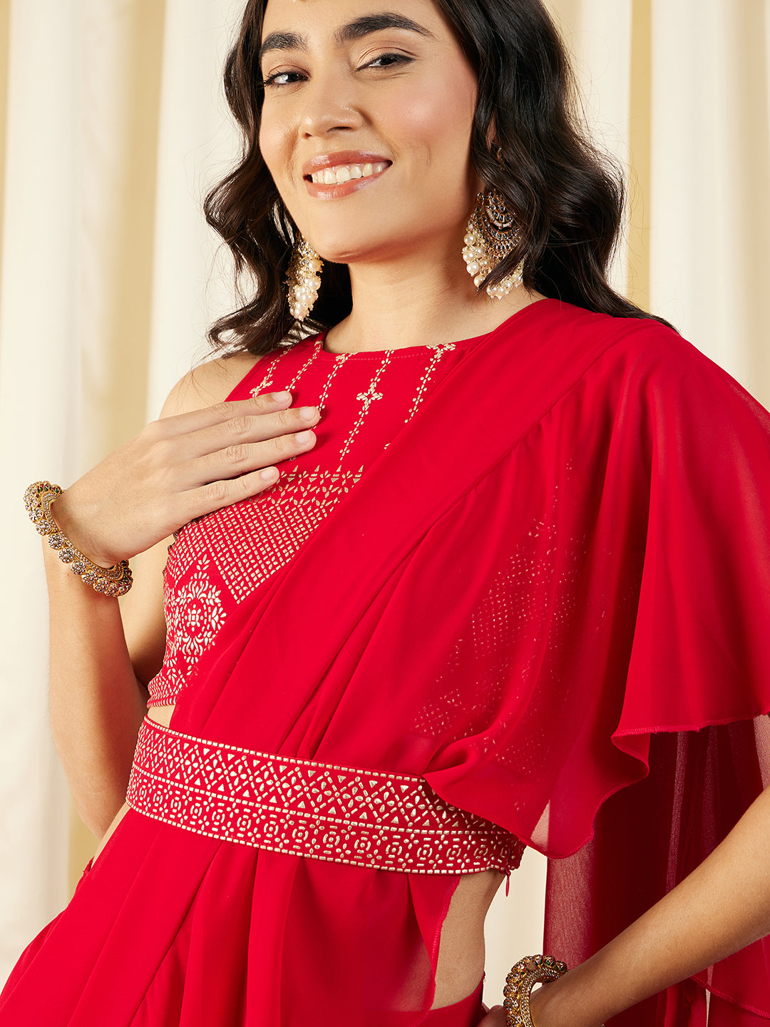 Pre-Draped Sarree with Blouse in Red Color