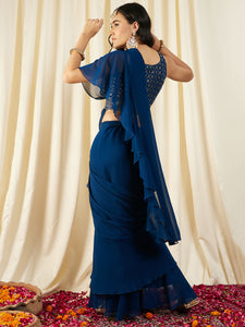 Pre-Draped Sarree with Blouse in Blue color