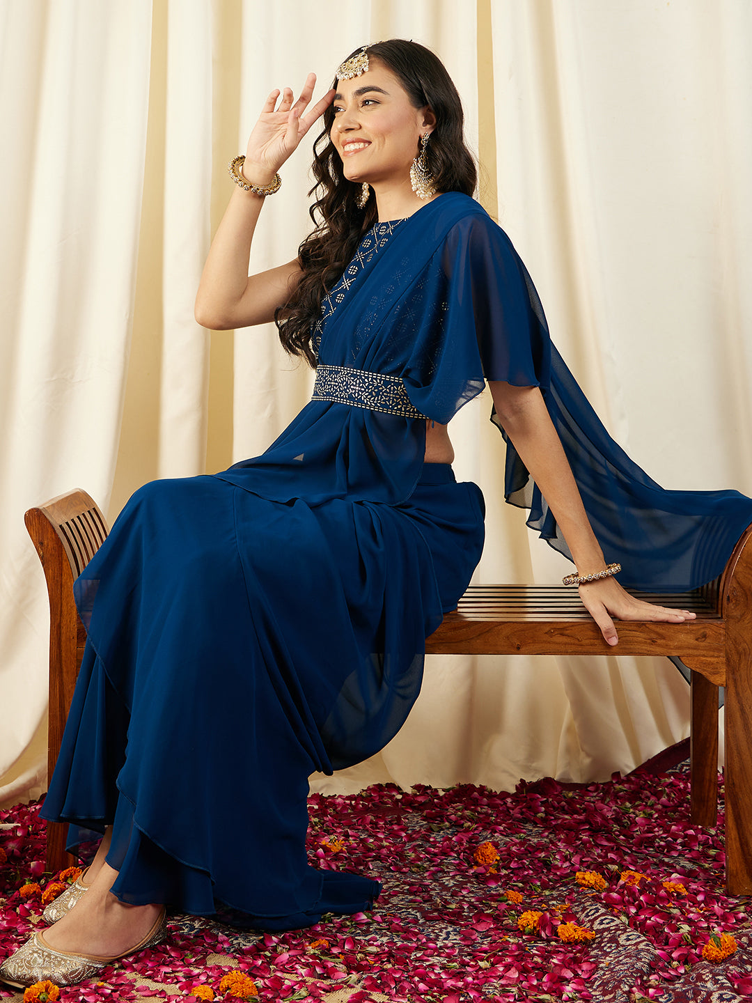 Pre-Draped Sarree with Blouse in Blue color