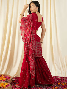 Crop Top with Sharara and frill Dupatta in Maroon Color