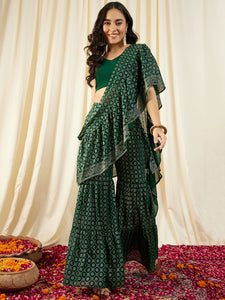 Crop Top with Sharara and frill Dupatta in Green Color