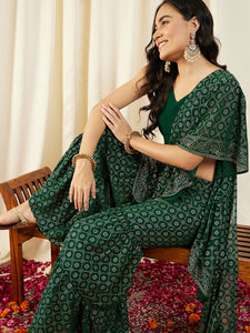 Crop Top with Sharara and frill Dupatta in Green Color