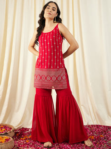 Kurta With Sharara in Red Color