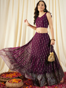 Crop top With Back tie and Flared Skirt in Pruple Color