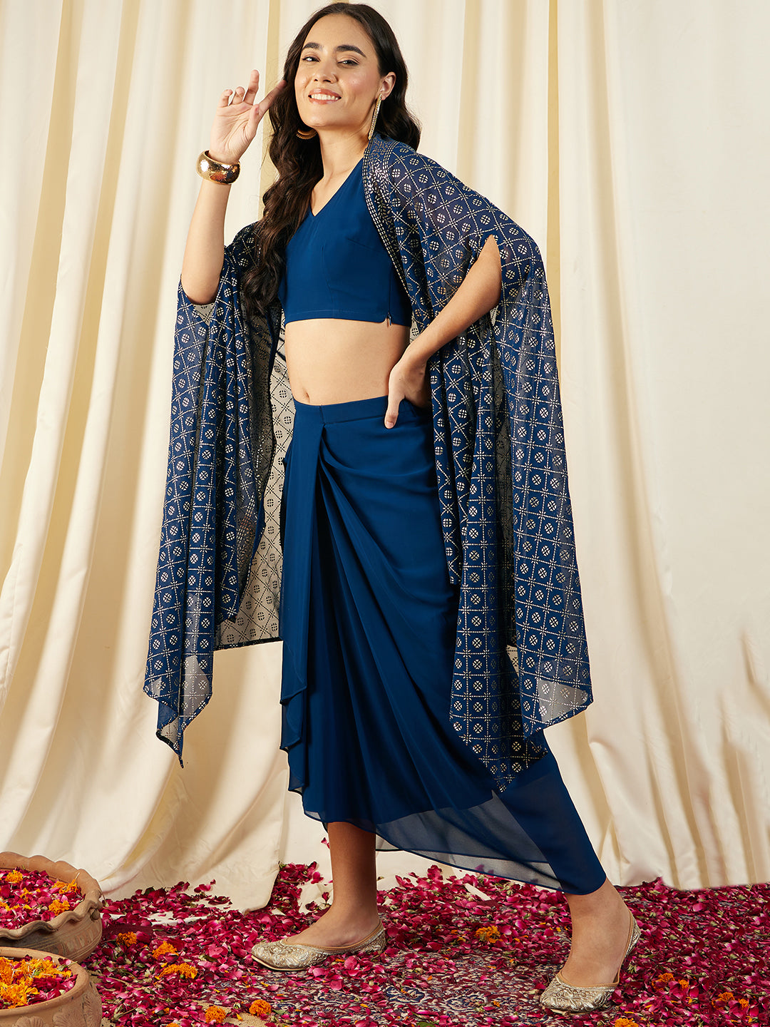 Crop Top with Draped Skirt And Cape in Blue Color