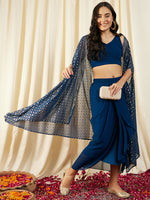 Crop Top with Draped Skirt And Cape in Blue Color