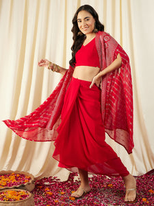 Crop Top with Draped Skirt And Cape in Red Color