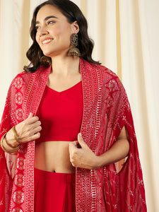 Crop Top with Draped Skirt And Cape in Red Color