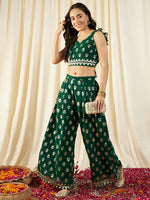 Crop Top with Back Tie and Palazzo in Green Color