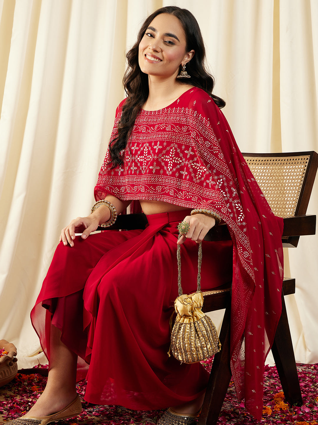 Cape Top with Draped Skirt in Maroon Color