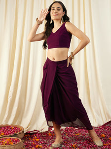 Crop Top with Draped Skirt And Cape in Purple Color