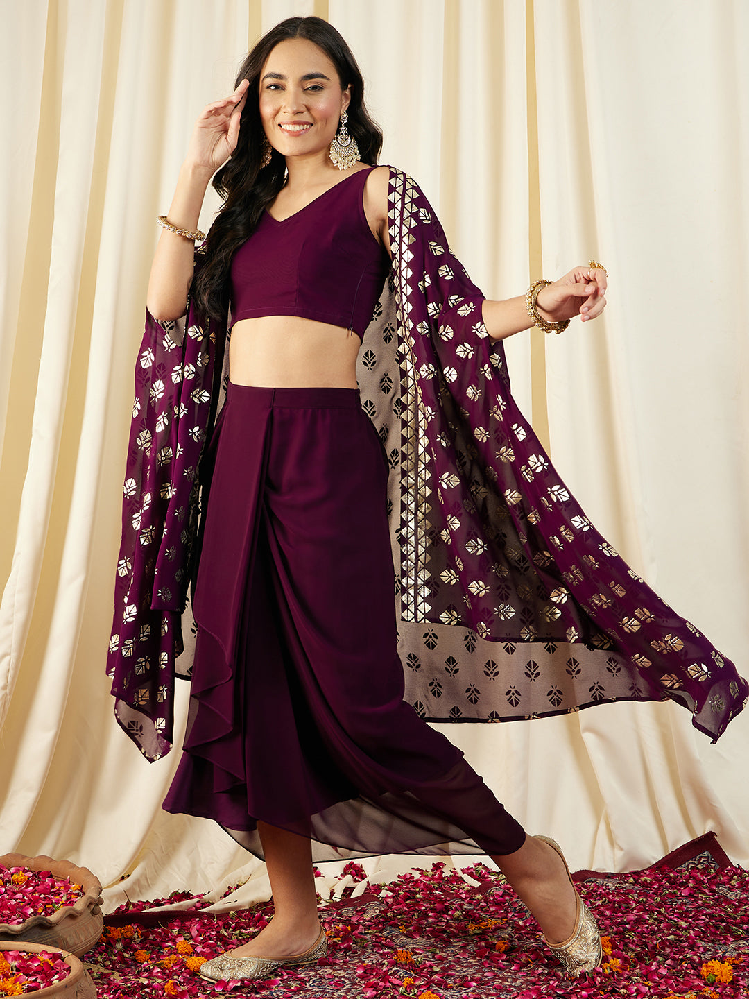 Crop Top with Draped Skirt And Cape in Purple Color