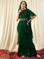 Pre-Draped Sarree with Blouse in Green Color