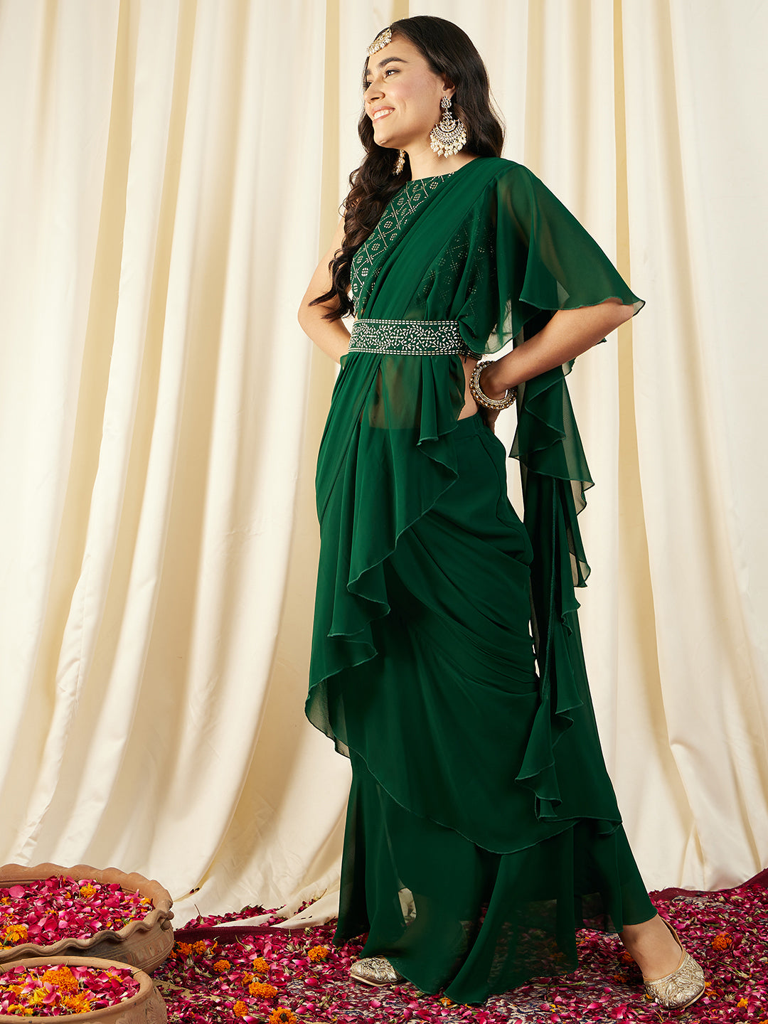 Pre-Draped Sarree with Blouse in Green Color