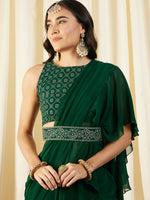 Pre-Draped Sarree with Blouse in Green Color