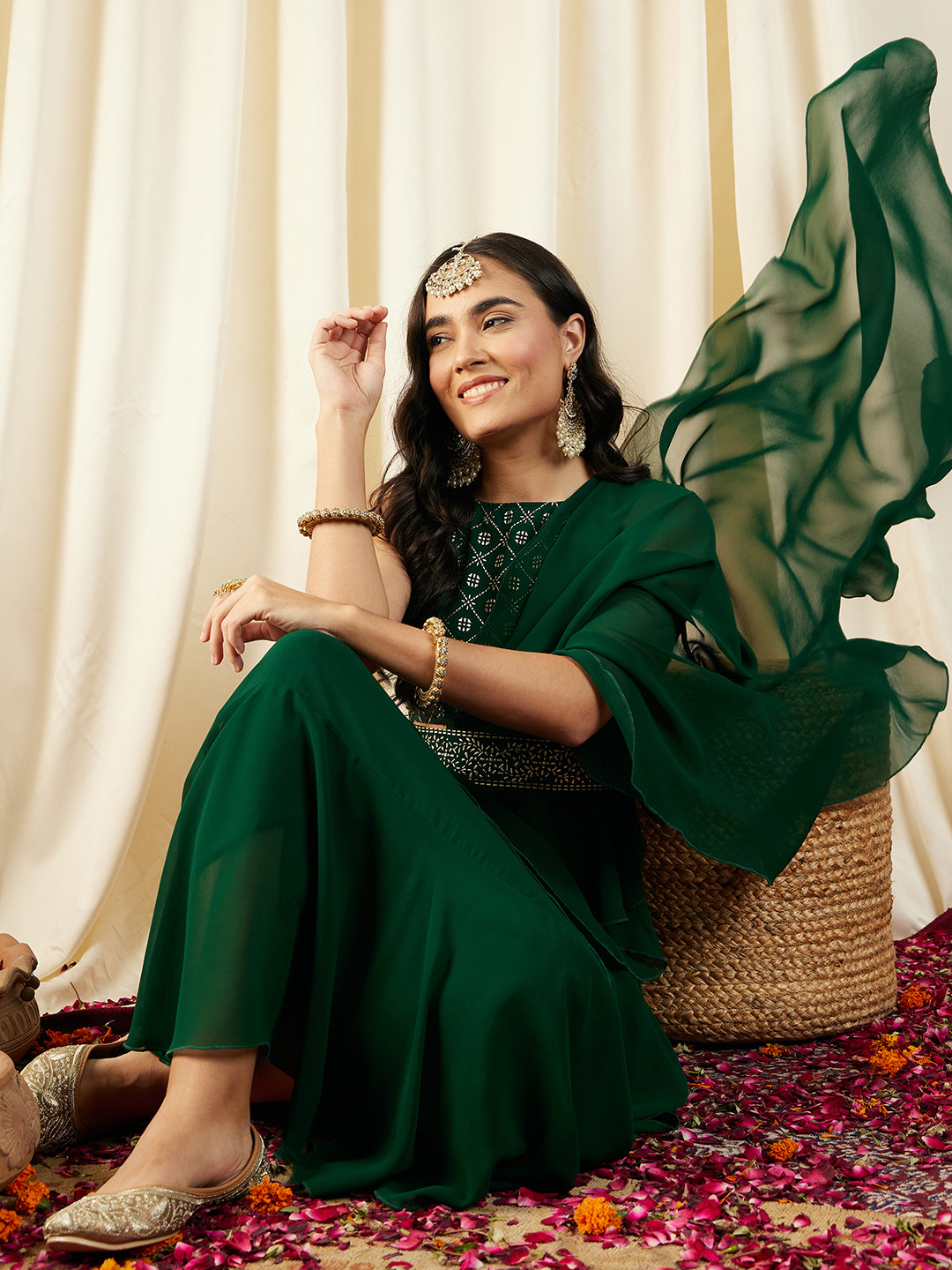 Pre-Draped Sarree with Blouse in Green Color