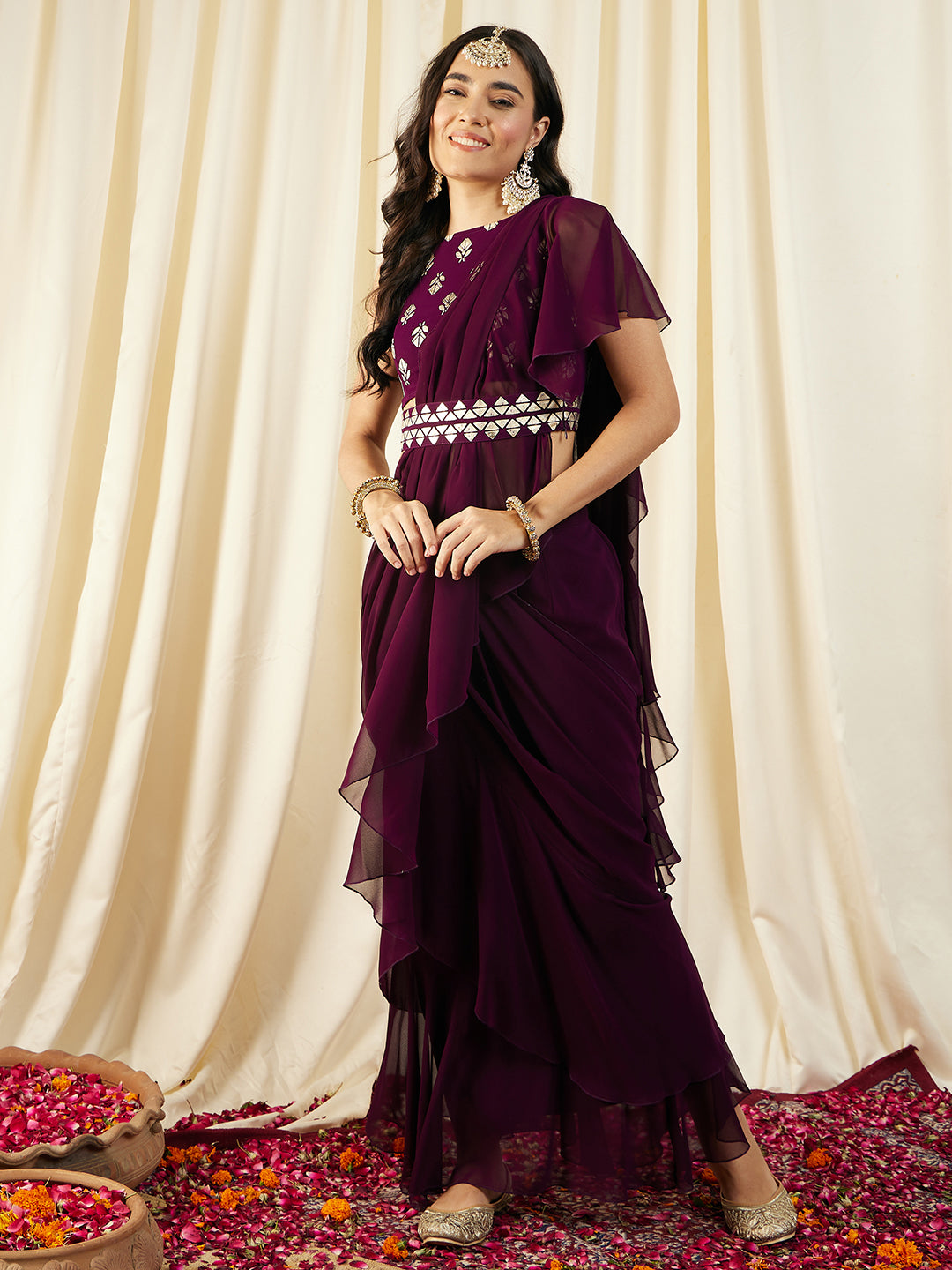 Pre-Draped Sarree with Blouse in Pruple Color