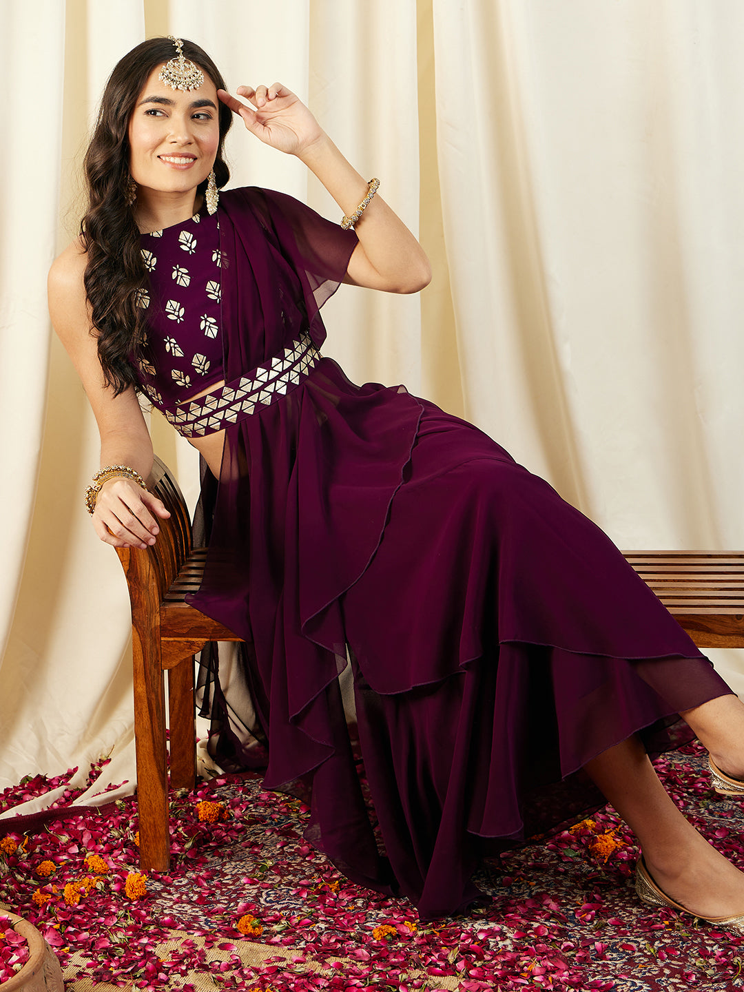 Pre-Draped Sarree with Blouse in Pruple Color