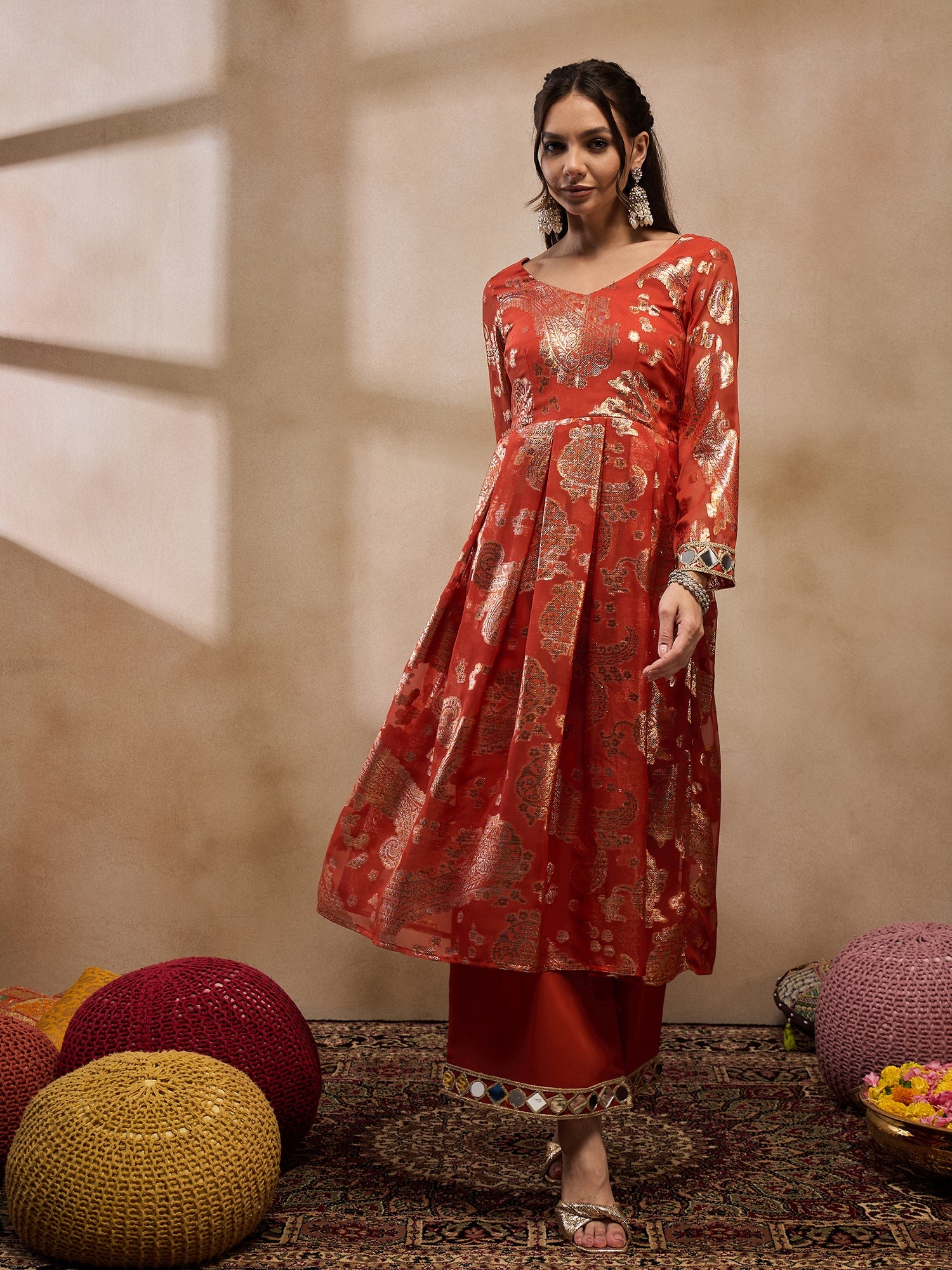 Box Pleat flare kurta with palazzo in Rust Color