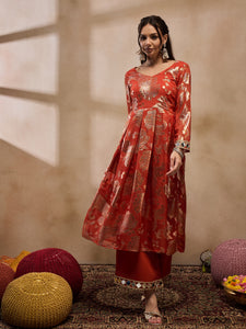 Box Pleat flare kurta with palazzo in Rust Color