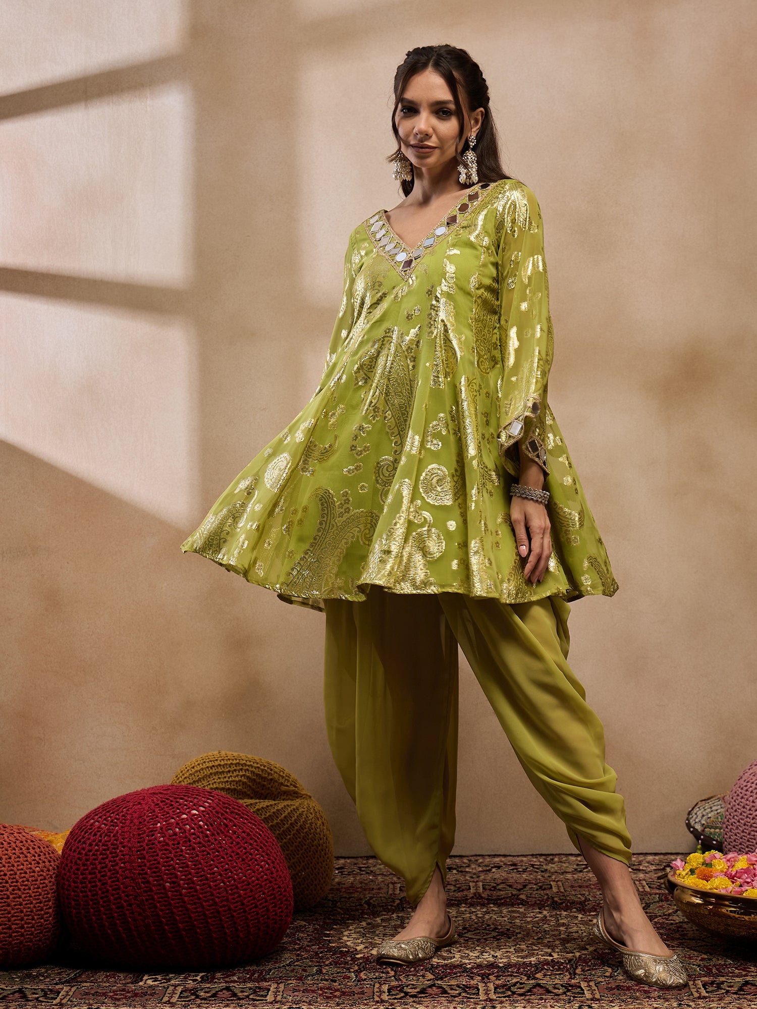 Flare kurta with dhoti pants in Olive Color