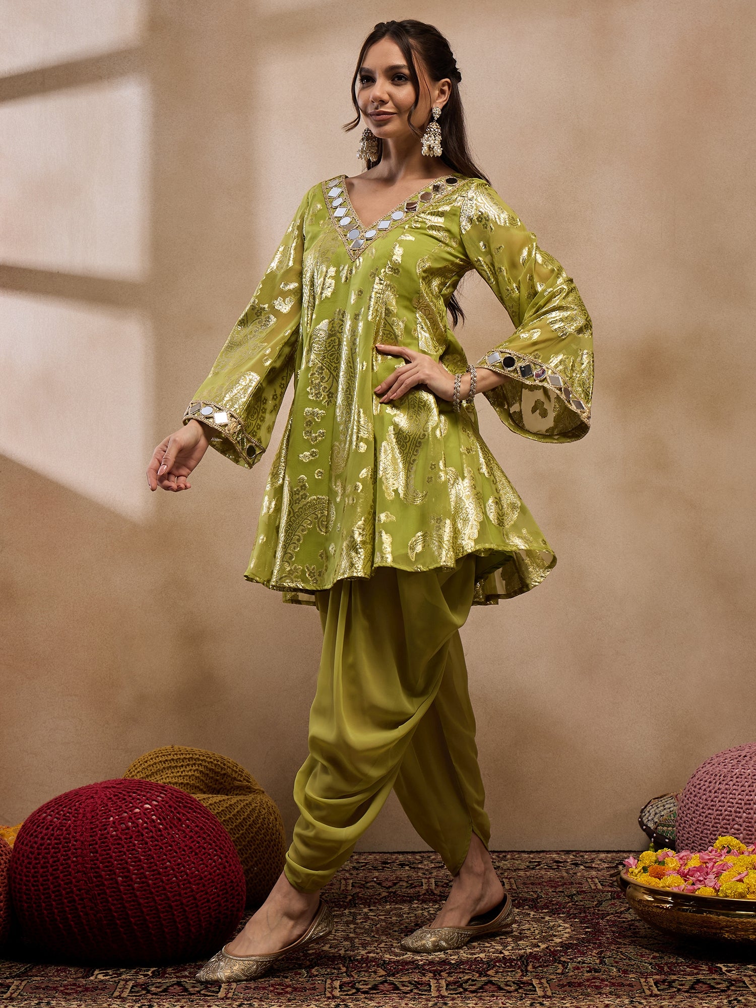 Flare kurta with dhoti pants in Olive Color