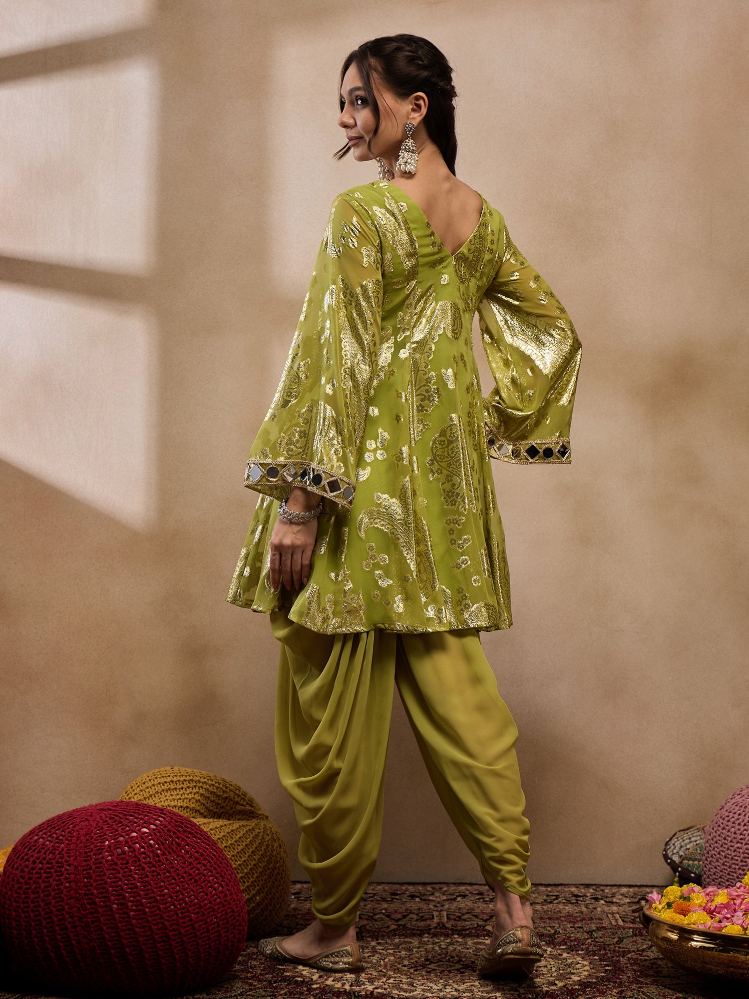 Flare kurta with dhoti pants in Olive Color