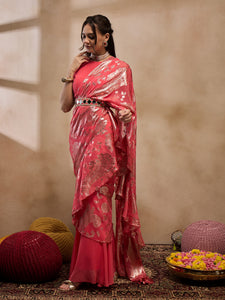 Pre-Draped Sarree with Blouse in Coral Color