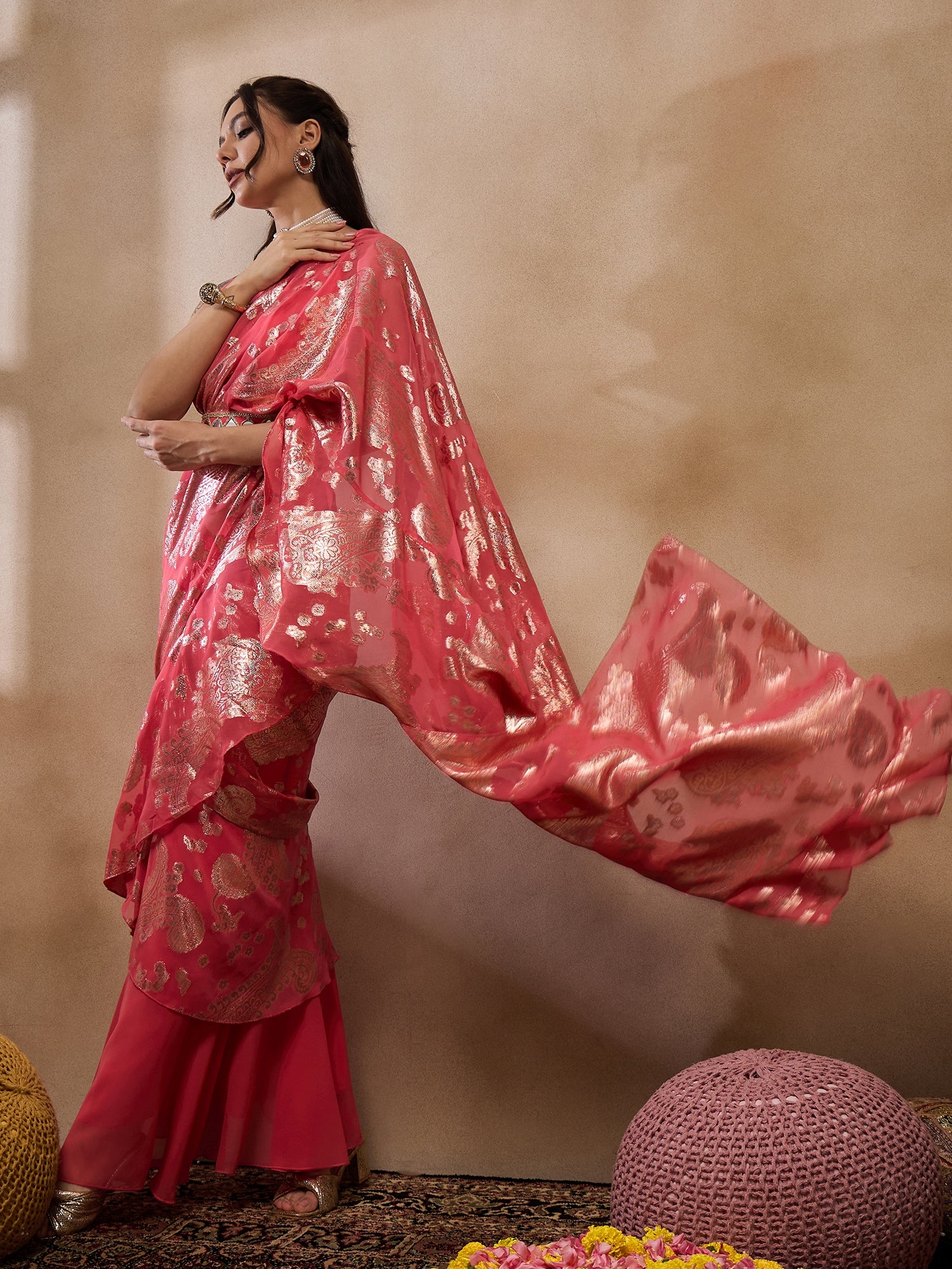 Pre-Draped Sarree with Blouse in Coral Color