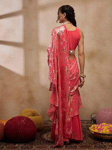 Pre-Draped Sarree with Blouse in Coral Color