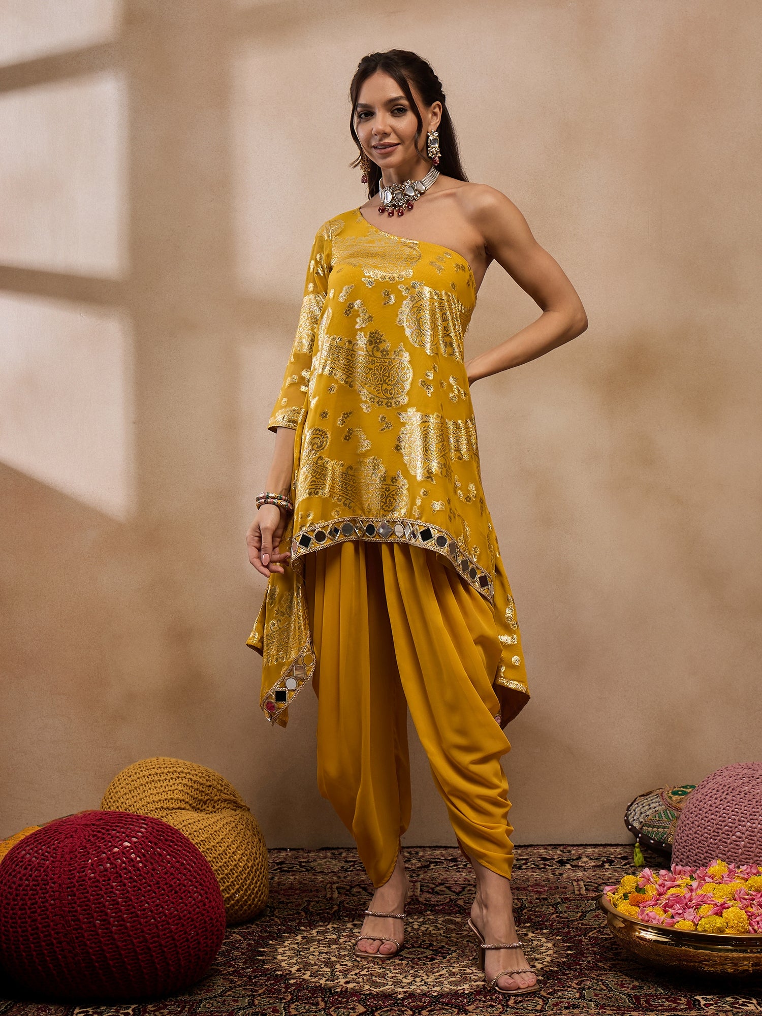 One Shoulder Assymettric Top with Dhoti in Yellow Color