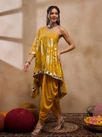 One Shoulder Assymettric Top with Dhoti in Yellow Color