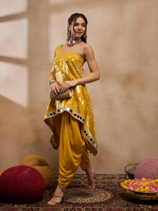 One Shoulder Assymettric Top with Dhoti in Yellow Color