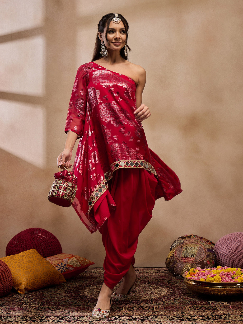 One Shoulder Assymettric Top with Dhoti in Red Color