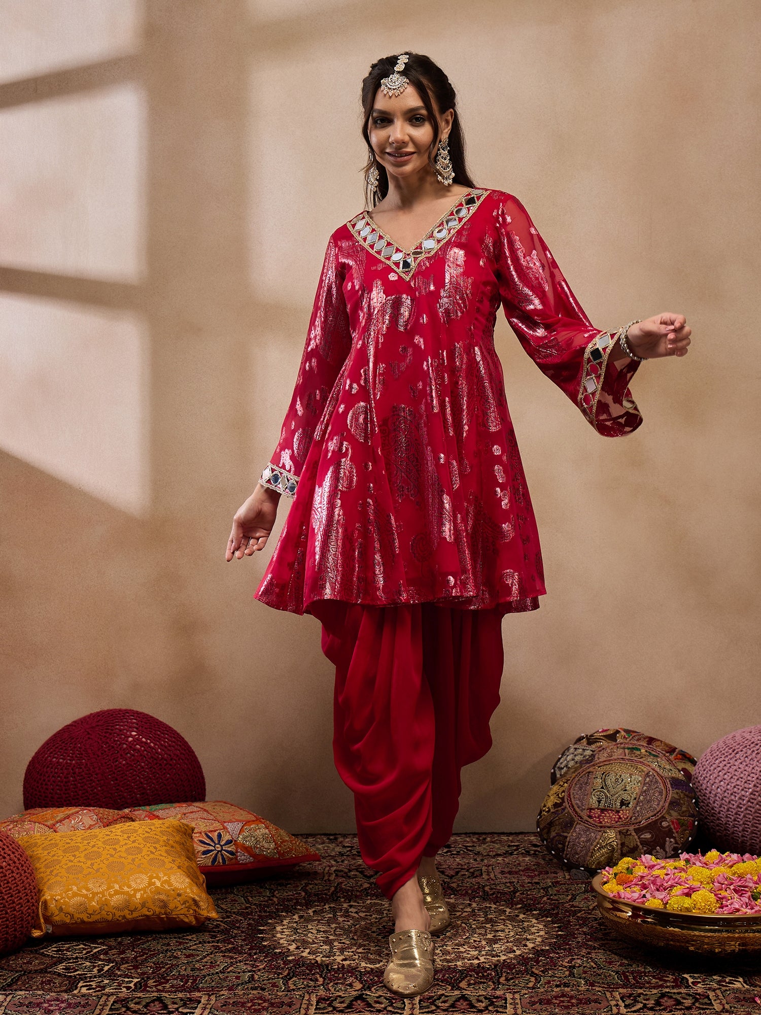 Flare kurta with dhoti pants in Red Color