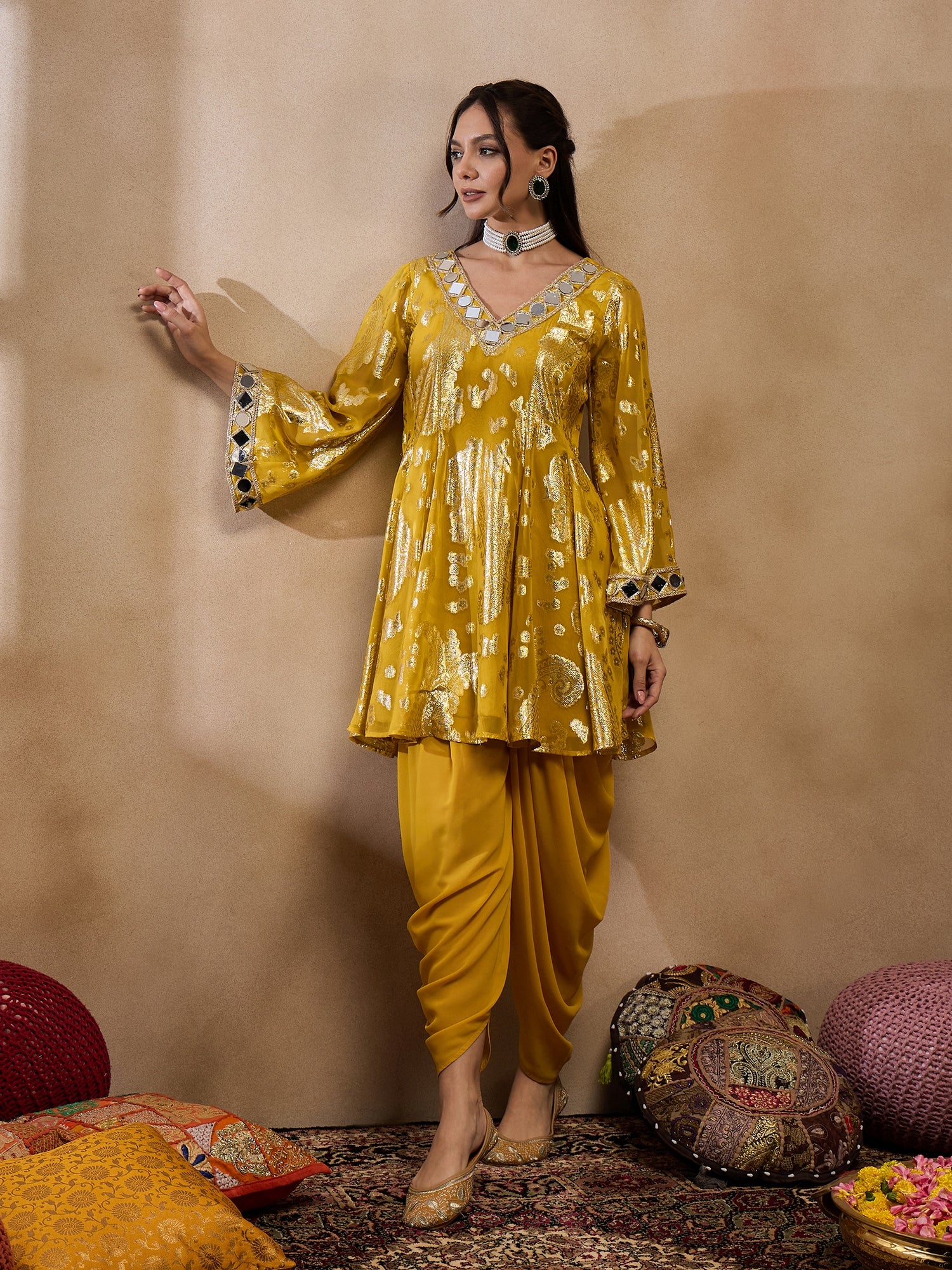 Flare kurta with dhoti pants in Yellow Color