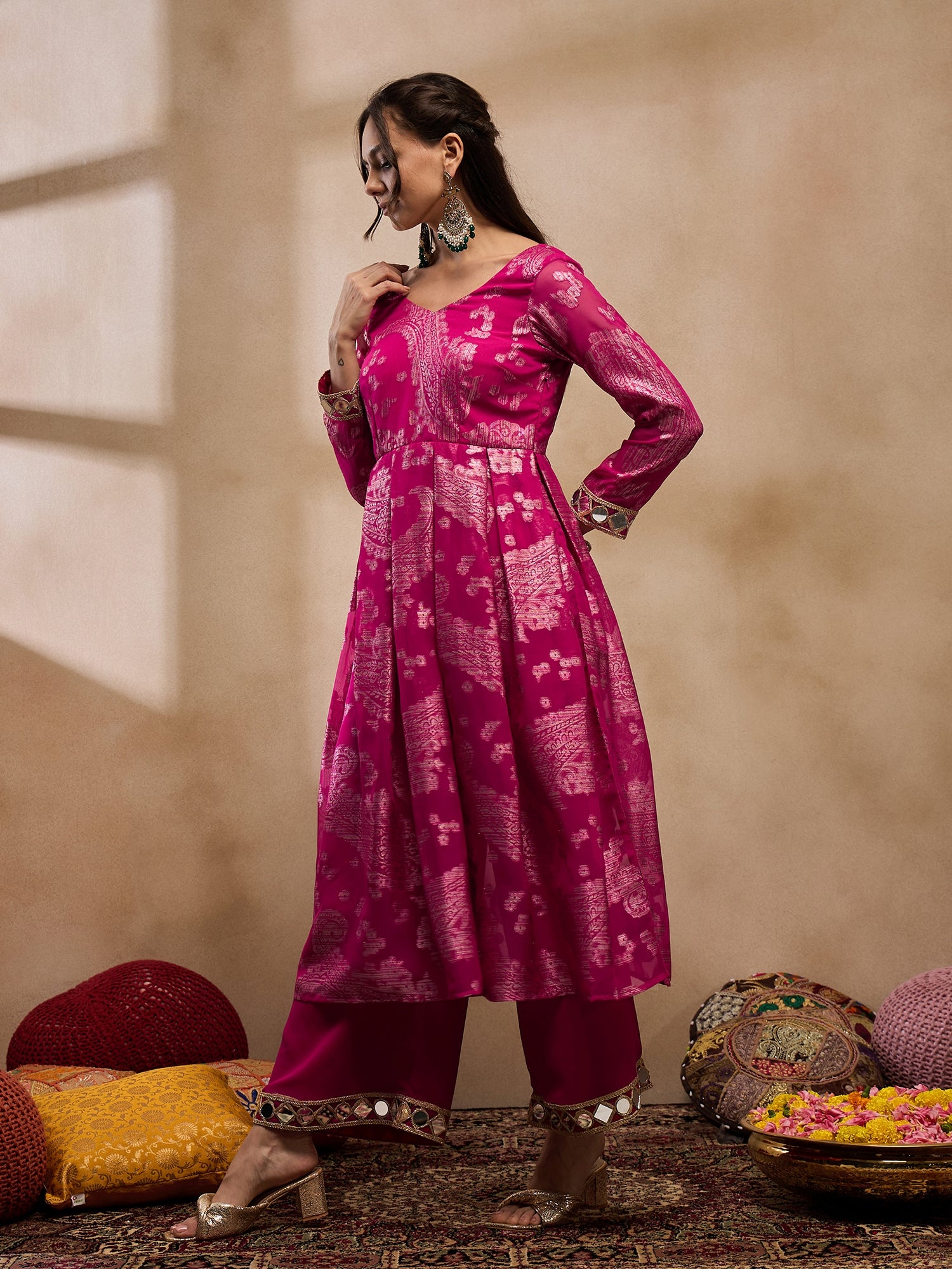 Box Pleat flare kurta with palazzo in Pink Color