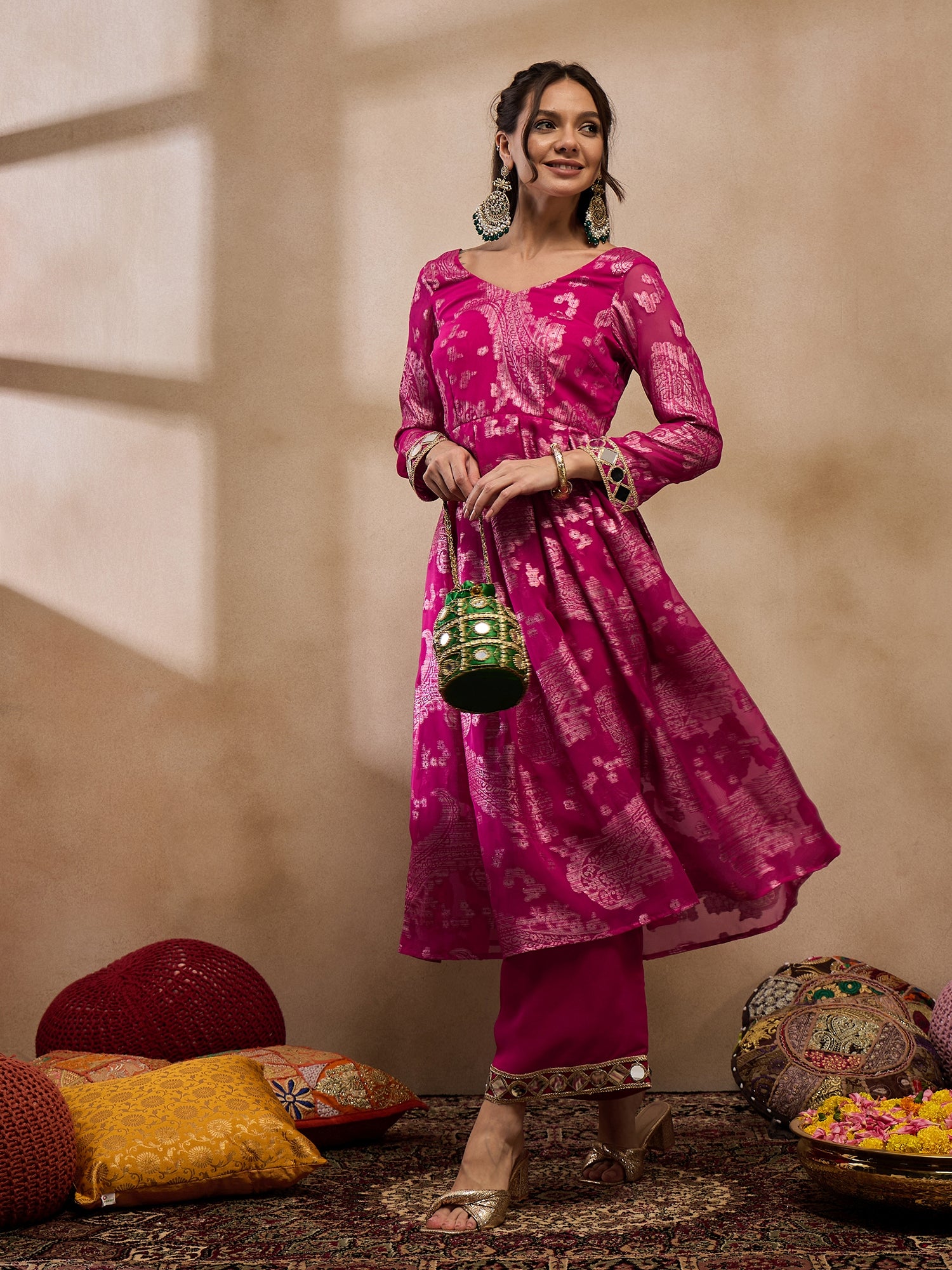 Box Pleat flare kurta with palazzo in Pink Color