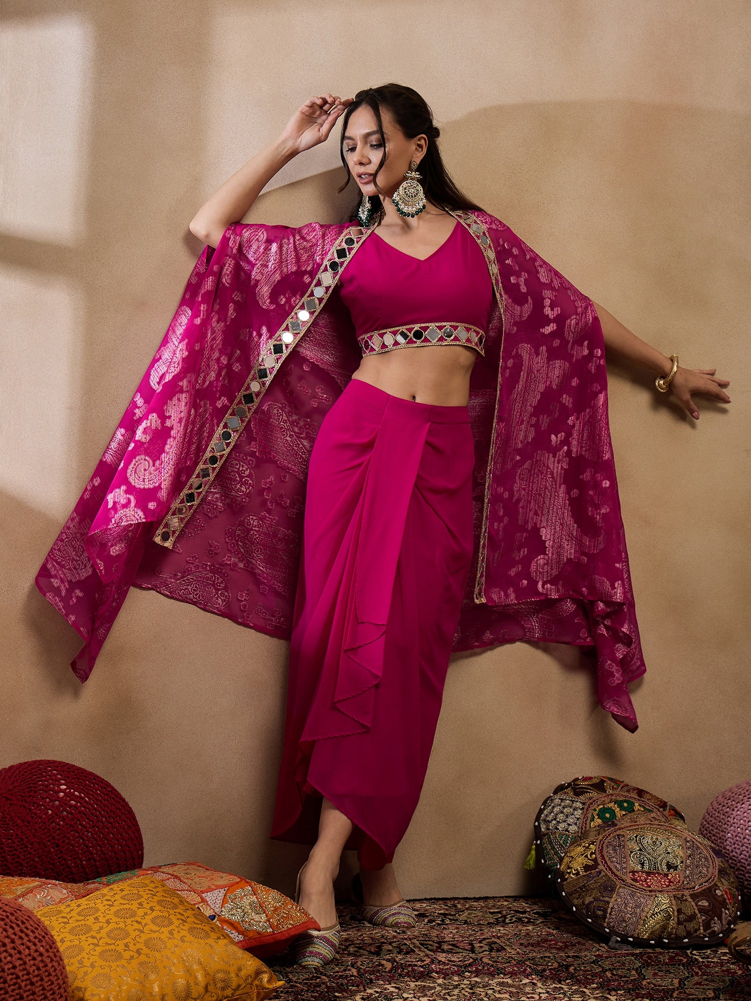 Crop Top with Draped Skirt And Cape in Pink Color