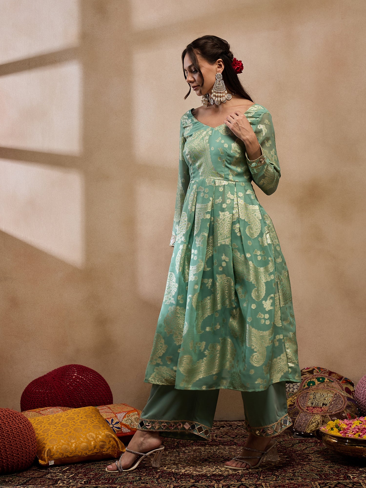 Box Pleat flare kurta with palazzo in Sea Green Color