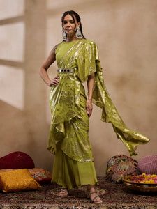 Pre-Draped Sarree with Blouse in Olive Color