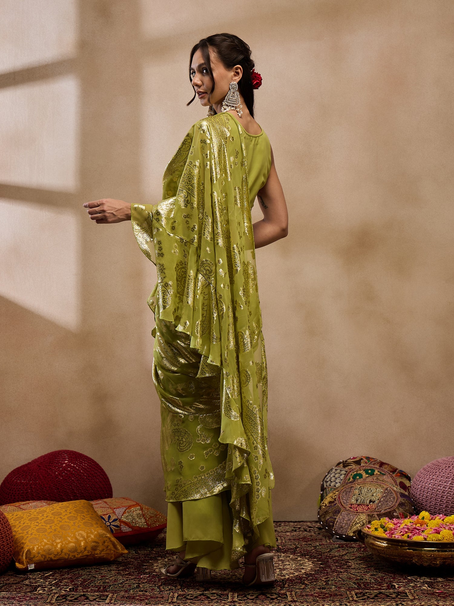 Pre-Draped Sarree with Blouse in Olive Color