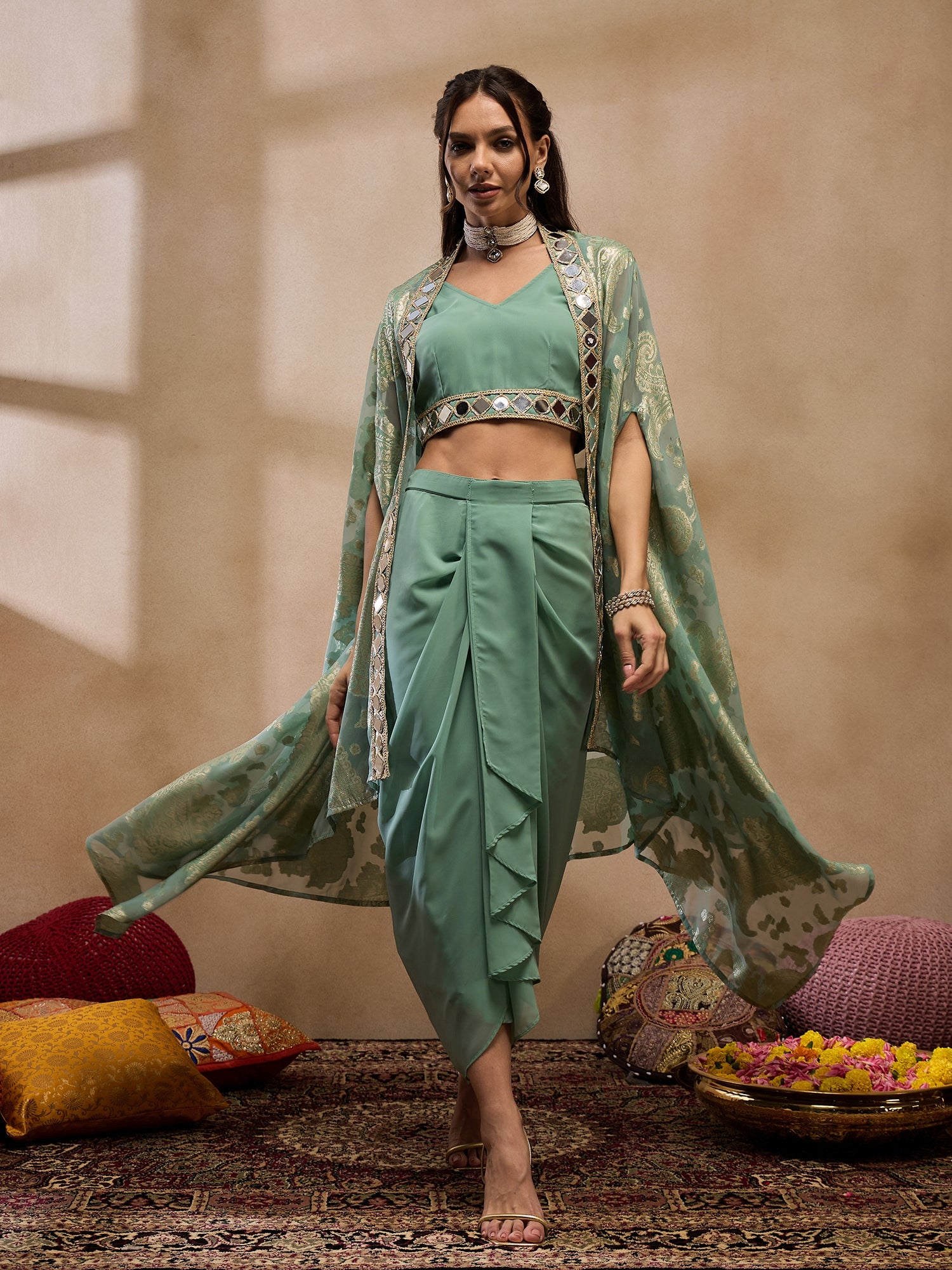 Crop Top with Draped Skirt And Cape in Sea Green Color