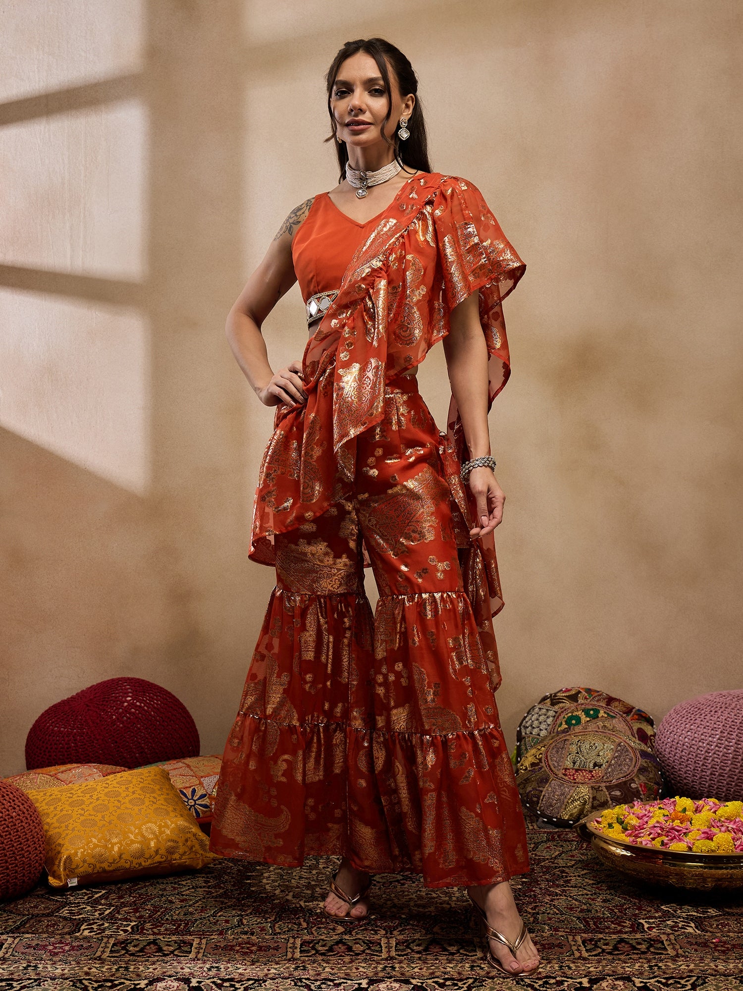 Crop Top with Sharara and frill Dupatta in Rust Color