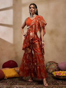 Crop Top with Sharara and frill Dupatta in Rust Color