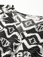 Overlap printed kimono sleeve short dress in Black and Cream Ikkat Print