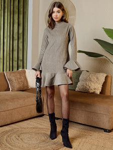 High neck mini dress  in Grey corduroy