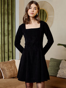 Short Flare Dress with cut-out back in Black corduroy