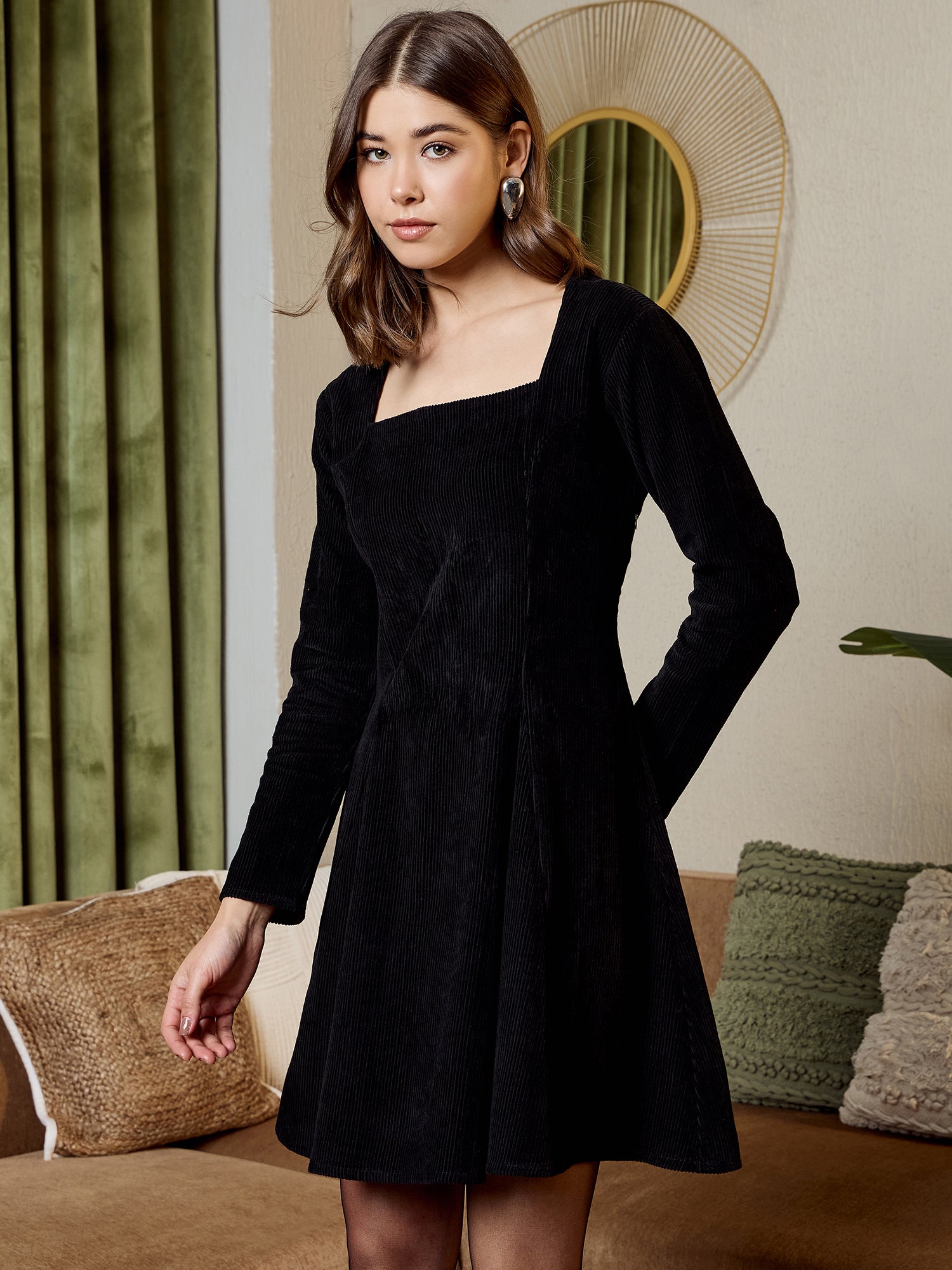 Short Flare Dress with cut-out back in Black corduroy